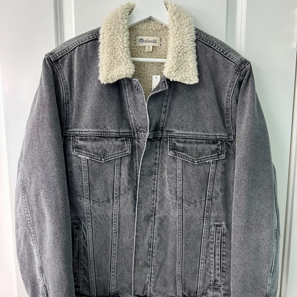 Black denim sherpa-lined trucker jacket